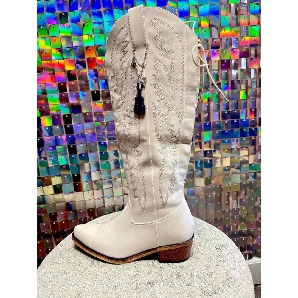 Women White-knee Polyurethane Over the Knee Adjustable Thigh High Cowgirl Boot